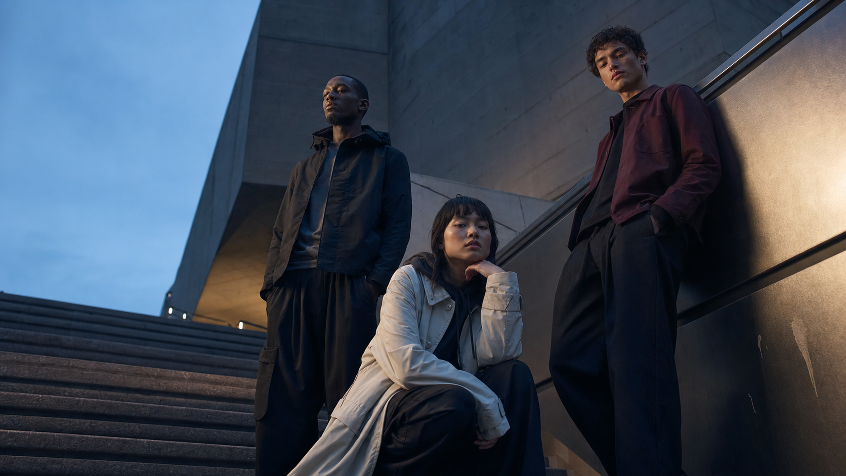 Tres modelos con moda urbana junto a una arquitectura de hormigón