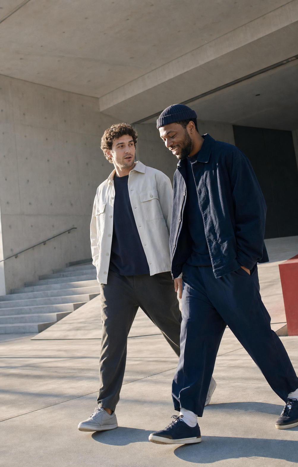 Dos personas cruzando una plaza con ropa urbana